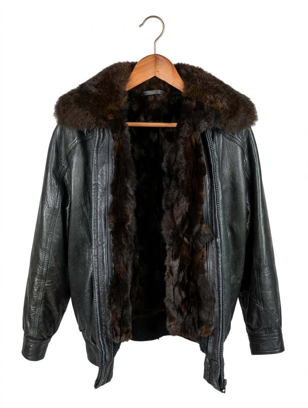 Vintage Andrew Marc L Black Leather Bomber Jacket 100% New Zealand  Fur Vest Lin